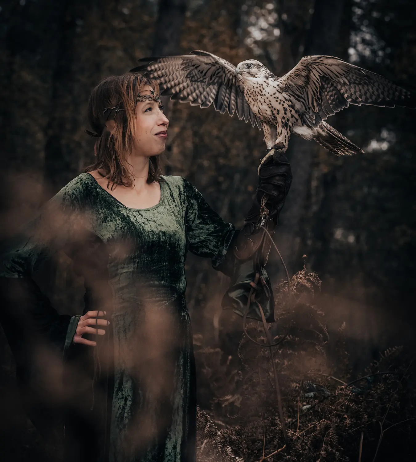 Auf diesem Bild sehen Sie eine junge Frau in einem grünen Samtkleid, was einen Falken auf der Hand hält, der gerade seine Flügel ausbreitet